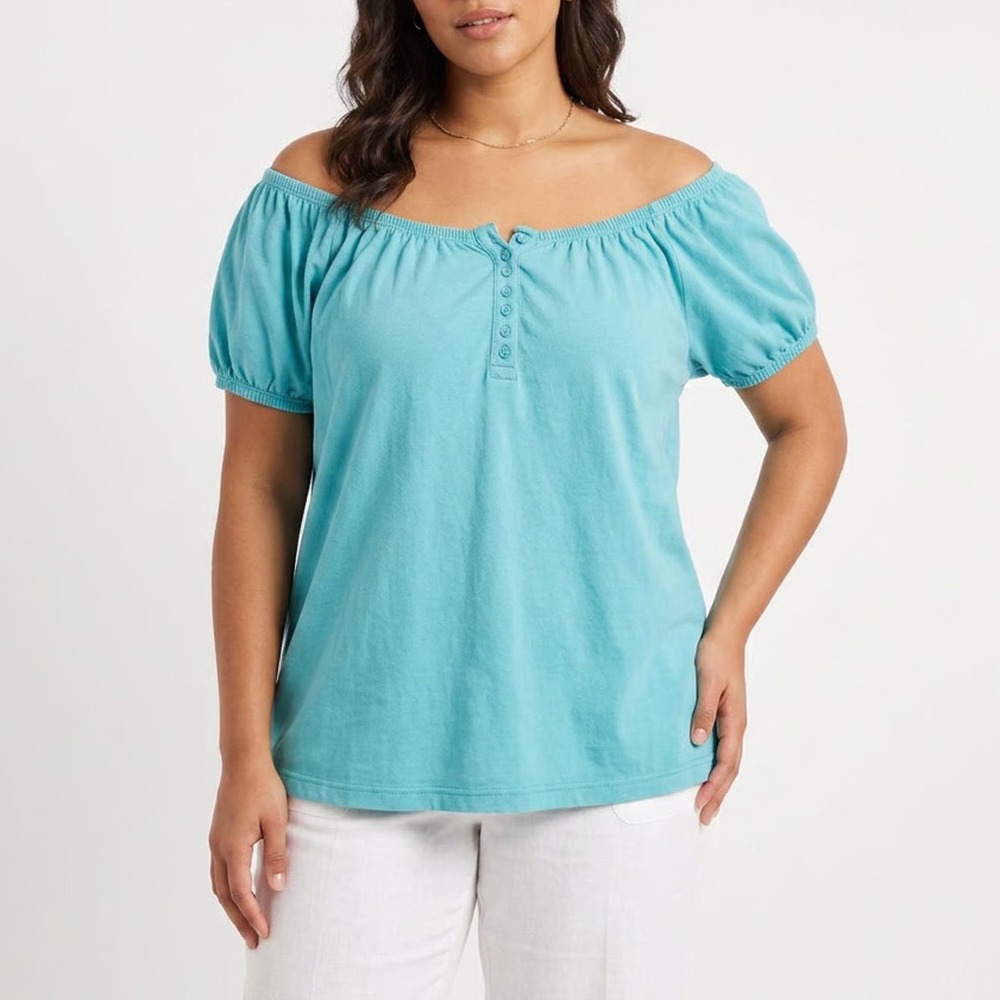 Mainstreet Blues Womens 1X Turquoise Blue Cotton Henley Peasant Top Short Sleeve